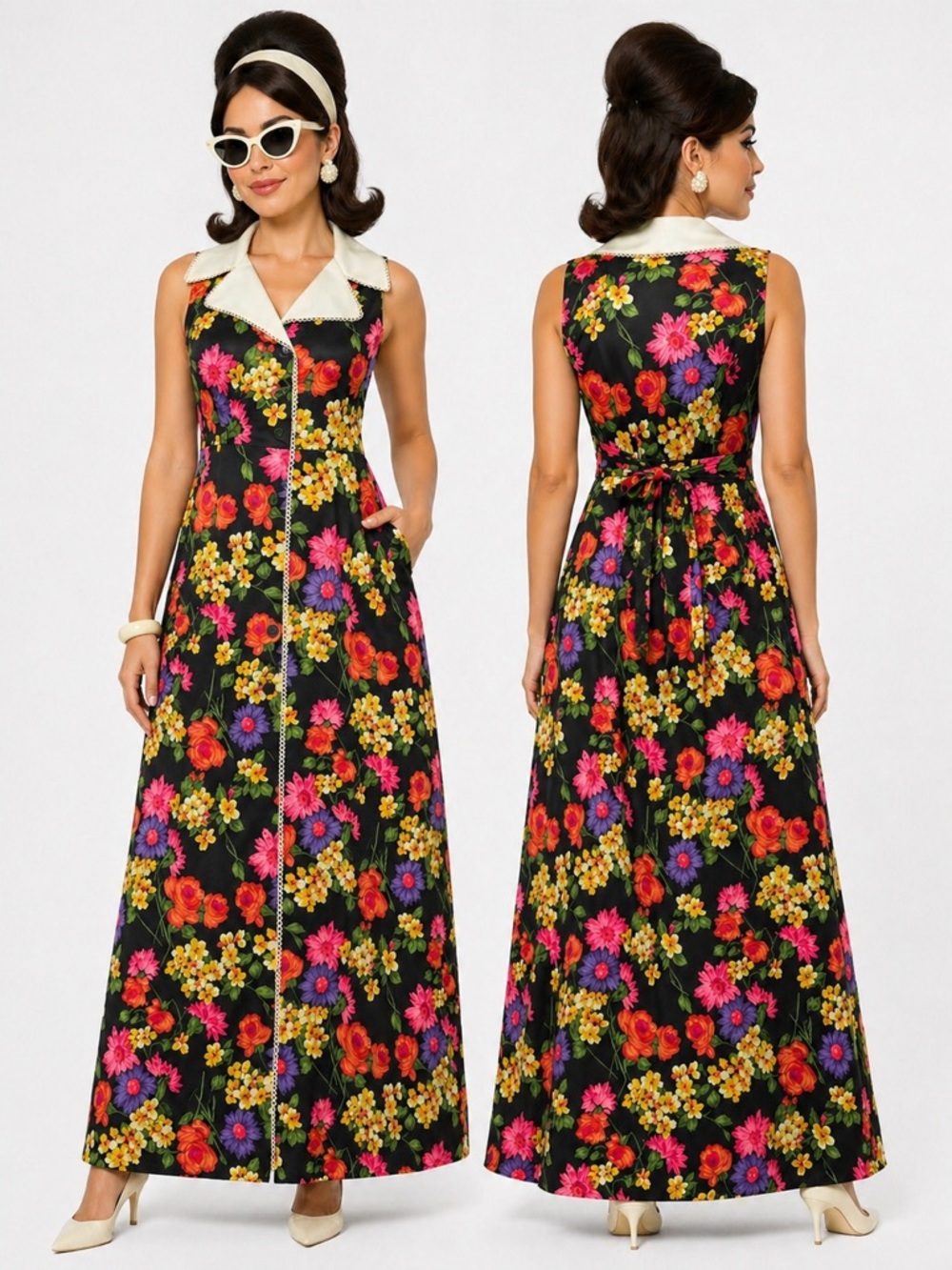 Vintage 60s 70s Floral Maxi Dress Black Multi Retro Mod Boho Statement Gown M